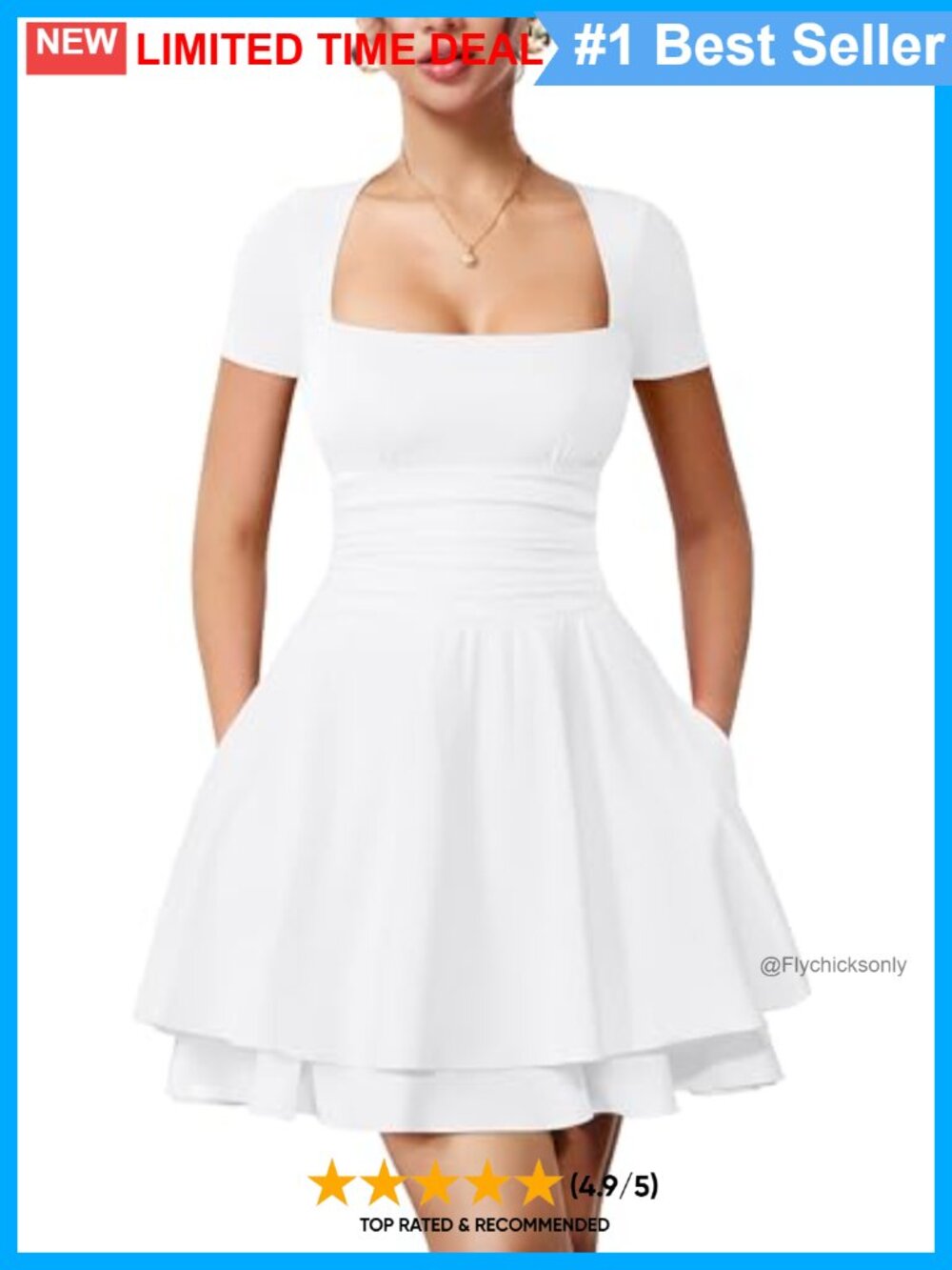 Women's Square Neck Short Sleeve Mini Party Dress with Pockets